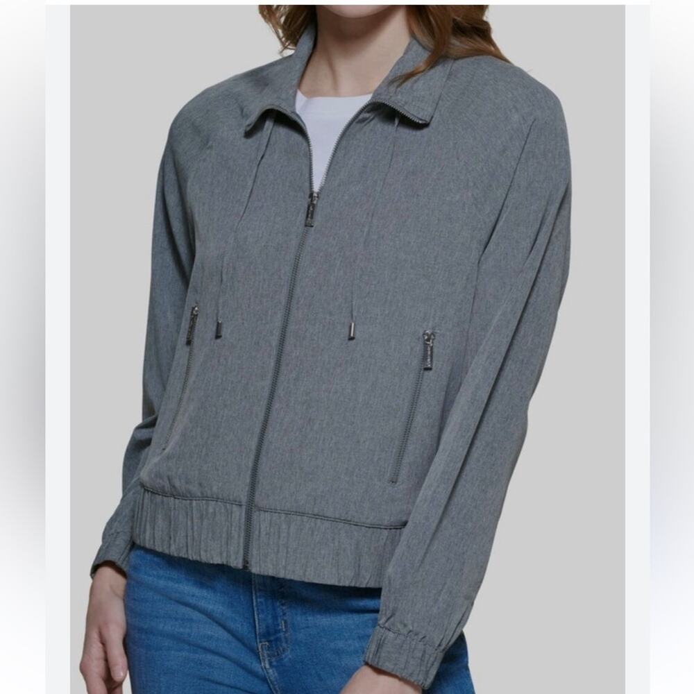 Calvin Klein Zip Front Jacket Women S/M Gray Ruffle Hem Lightweight NWOT - Picture 1 of 10